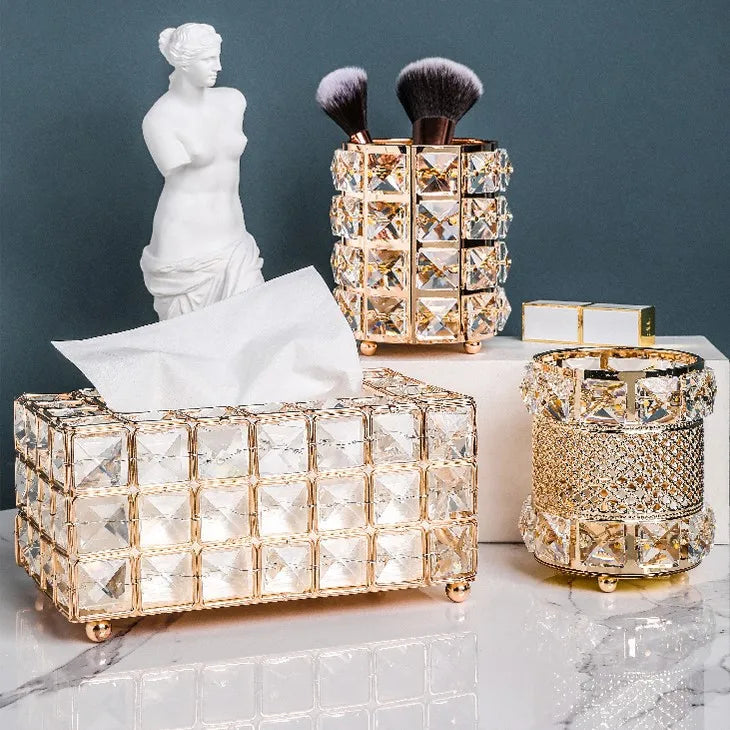 Makeup Brushes Holder Pot Organiser Golden Crystal Bling Cosmetic Brush Pen Pencil Holder Candle Holder Storage Box Container