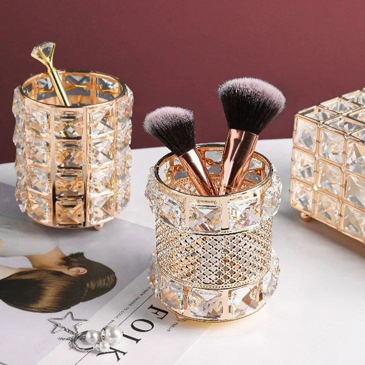 Makeup Brushes Holder Pot Organiser Golden Crystal Bling Cosmetic Brush Pen Pencil Holder Candle Holder Storage Box Container